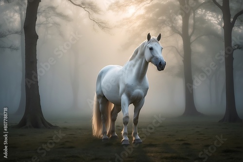 Majestic White Horse: Frontal Portrait with Hazy Background © Dove