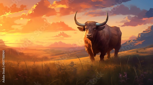 A serene landscape with a real bull peacefully grazing under the soft light of sunset symbolizing the Taurus traits of strength and dependability photo