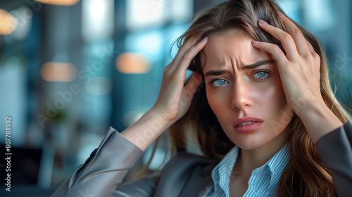 Overwhelmed: Young Businesswoman in Office Experiencing Intense Headache - Stress, Pain, Work Pressure Concept