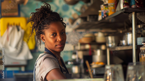 Black female restaurant bistro cafe owner cooking in the professional kitchen, menu development, businesswoman, startup, motivated photo