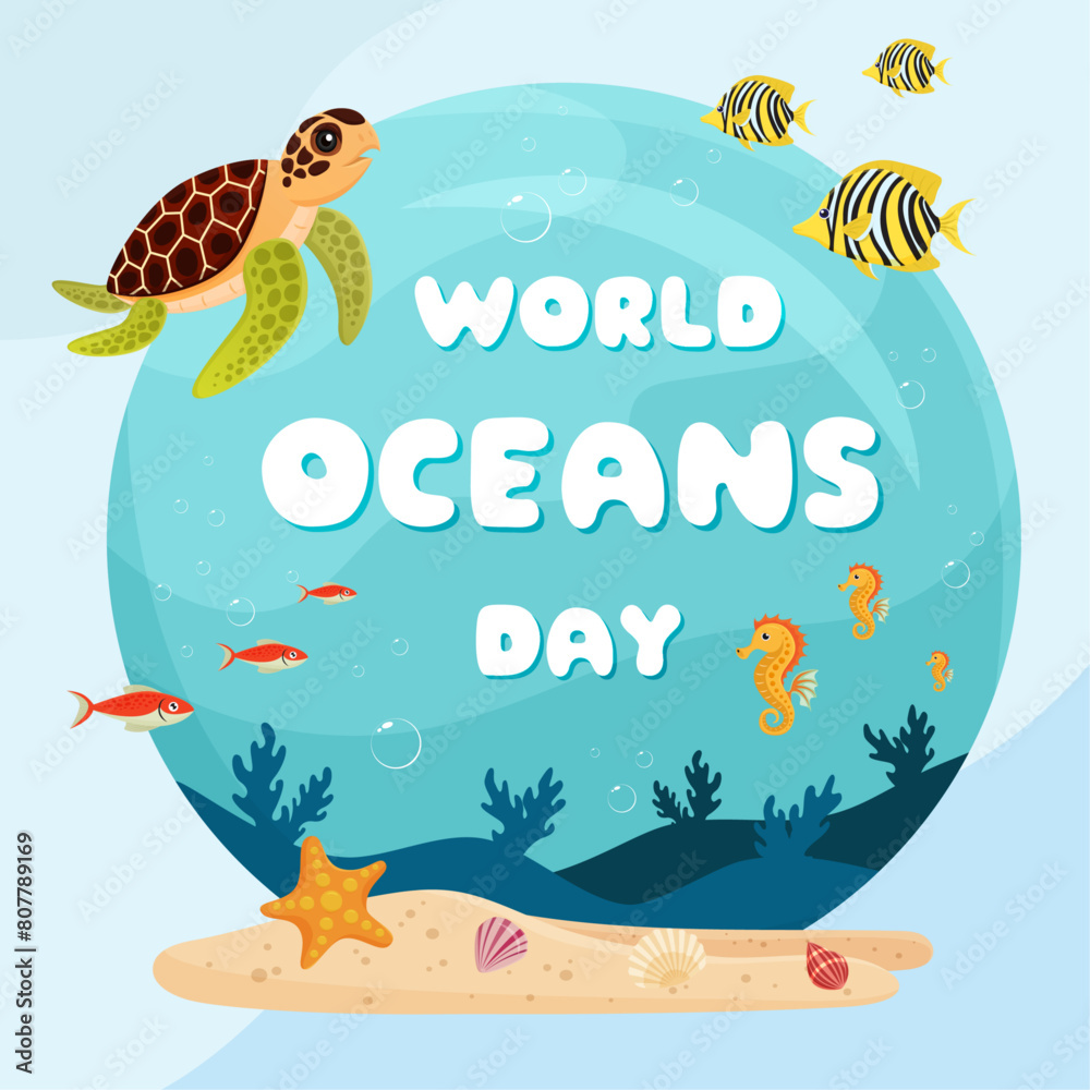 blue sea underwater world oceans day border cartoon graphic illustration design