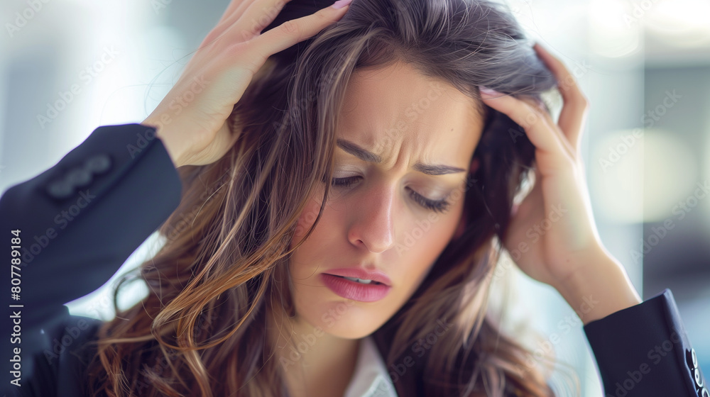 Fototapeta premium Overwhelmed: Young Businesswoman in Office Experiencing Intense Headache - Stress, Pain, Work Pressure Concept