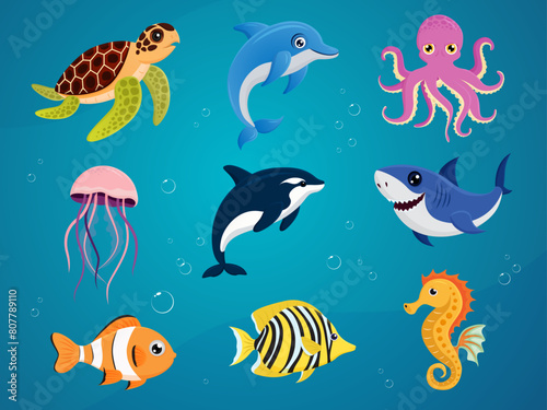 ocean fishs sea animal underwater collection cartoon illustration design