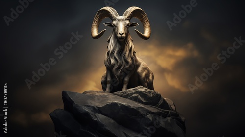 Artistic interpretation of a Capricorn goat made of stone standing resiliently atop a high pedestal reflecting the enduring nature and highreaching goals of this zodiac sign