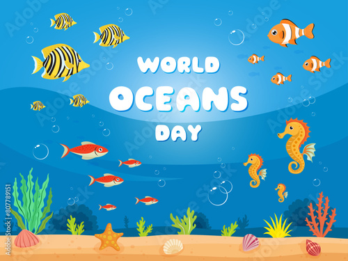 animal in blue sea world oceans day illustration design