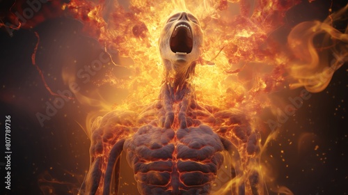 Digital artwork of an esophagus with rising flames from the stomach to the throat artistically representing the painful sensations associated with acid reflux disease photo