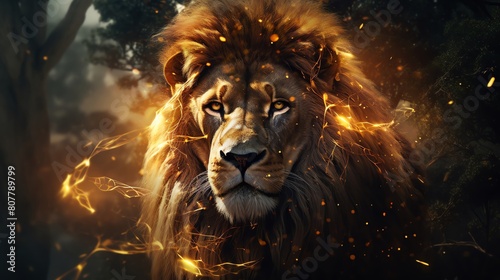 Majestic Lion with Fiery Aura in Forest