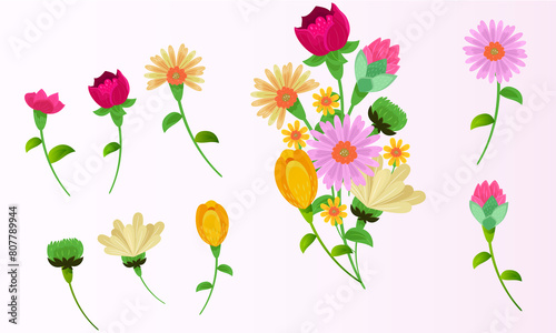 Vector black silhouettes of flowers isolated on a white background. 