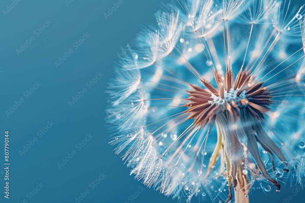 A blue backdrop with a macro dandelions. Generative Ai