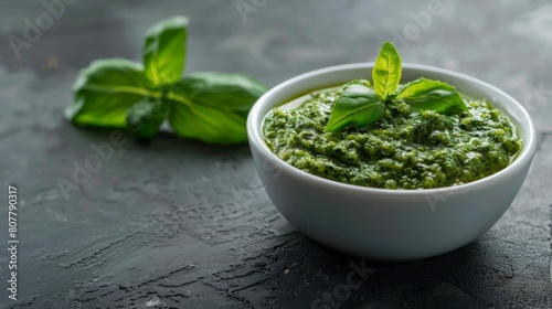 Small white bowl filled with vibrant green pesto sauce photo