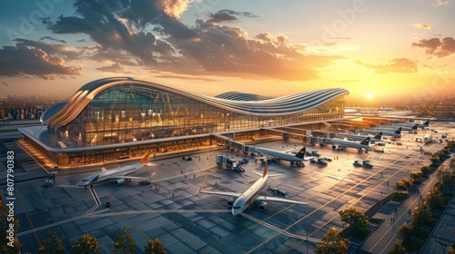Airport transportation hub illustrated with added Airport efficiency, logistics and passenger flow for a smooth travel experience.
