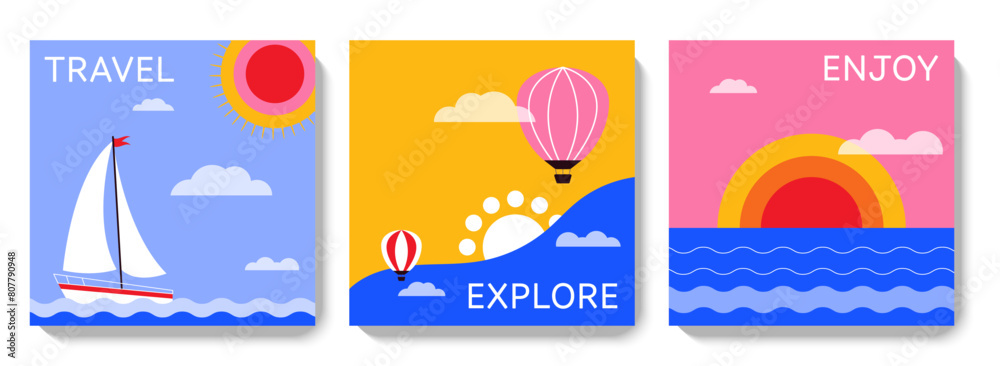 Summer travel square banner templates. Summertime holiday vacation backgrounds for social media post, web internet ads, tourism business branding. Vector design
