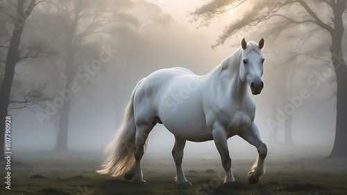 Majestic White Horse  Frontal Portrait with Hazy Background