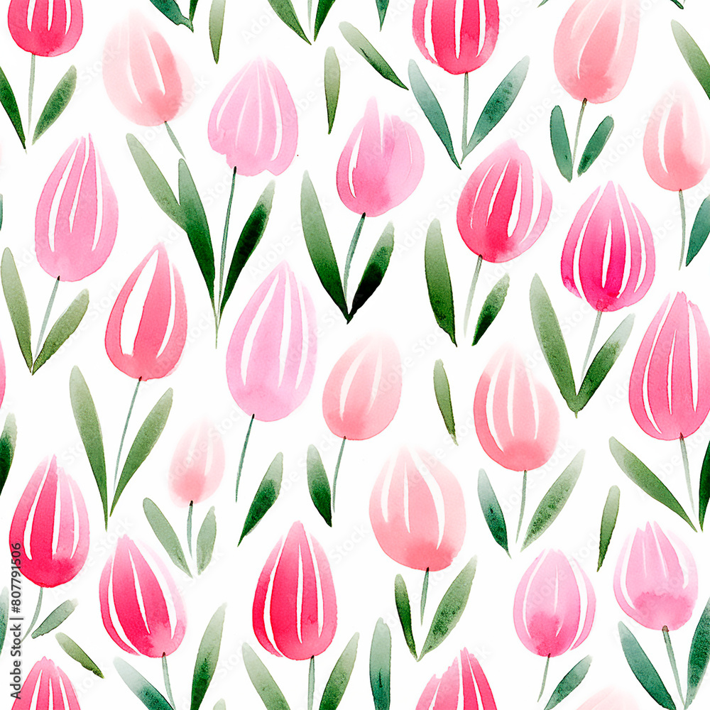 Pink tulips seamless watercolor pattern on the white background spring cute print fabric texture Pink tulips seamless watercolor pattern on the white background spring cute print fabric texture