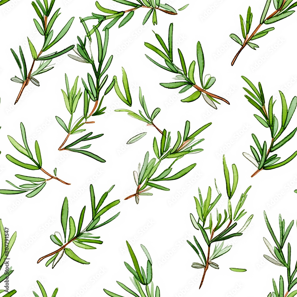 Obraz premium Rosemary seamless watercolor pattern illustration on the white background green spice 