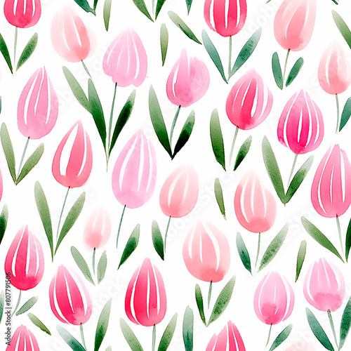 Pink tulips seamless watercolor pattern on the white background spring cute print fabric texture
