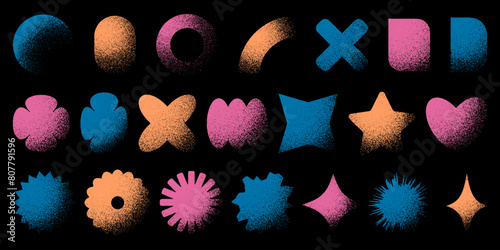 Set of colorful retro abstract dotted shapes. Trendy y2k elements with vintage stipple effect. White noise grainy texture. Geometric forms with fading gradient.Vector illustration in pixel art style.