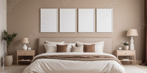 Minimalistic bedroom with mockup frames
