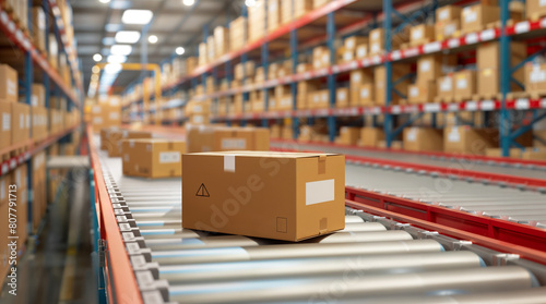 Cardboard boxes on a conveyor belt, packed goods, packages ready to be delivered in a retail product distribution and fulfillment center, background with cartons on shelves, e-commerce shipping ready