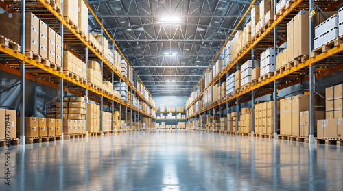 Big logistics warehouse with packed goods, cardboard boxes and pallets, packages ready to be delivered inside a retail product distribution center, background with cartons on shelves, shipping ready