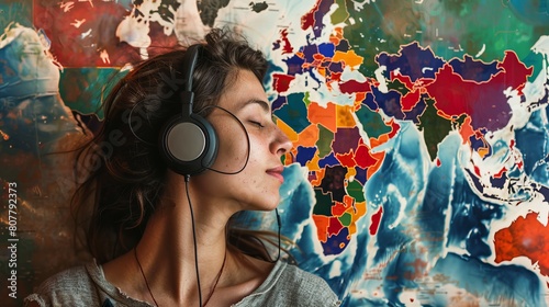 Woman Wearing Headphones With World Map Background