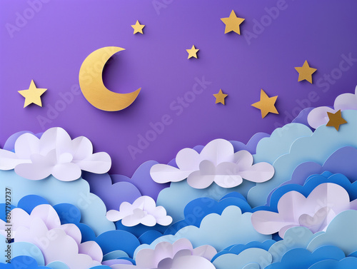 The sky is adorned with fluffy paper cut clouds in violet and blue hues. Gold stars twinkle next to a full moon in a charming origami landscape, creating a whimsical scene.
