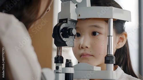 Cute Asian girl getting eye ophthalmology examination in optician medical clinic