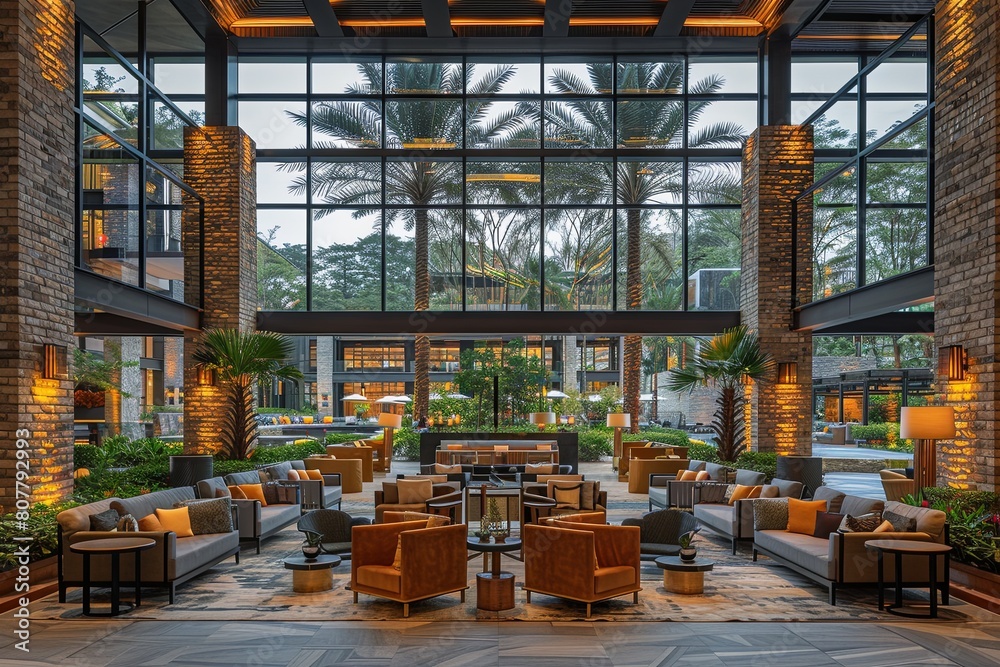 Naklejka premium Rustic Elegance: Industrial Aesthetics with Exposed Steel Beams, Brick Walls, and Large Windows