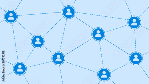 Social network with interconnected blue user icons linked by dotted lines on a light blue background