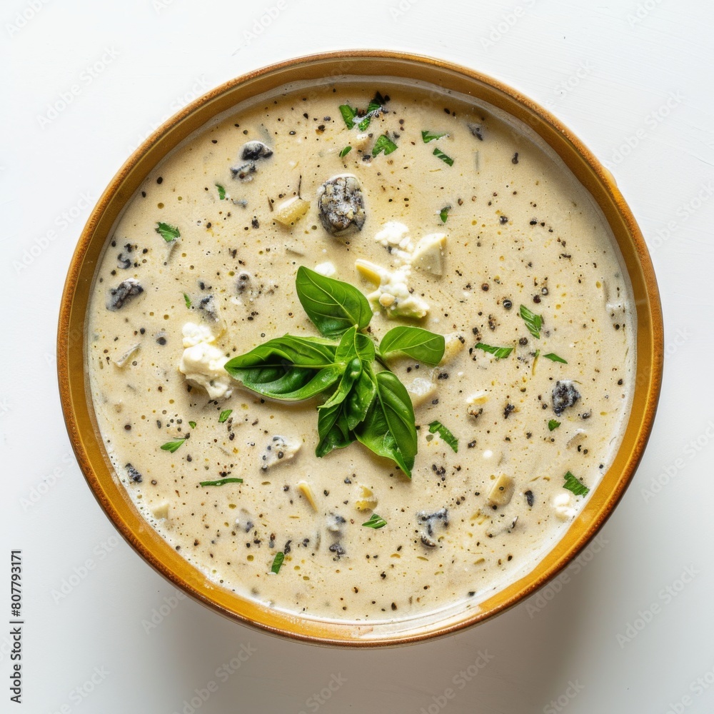 A bowl of Stracciatella Soup topped with melted cheese and sprinkled with fragrant herbs A bowl of Stracciatella Soup topped with melted cheese and sprinkled with fragrant herbs