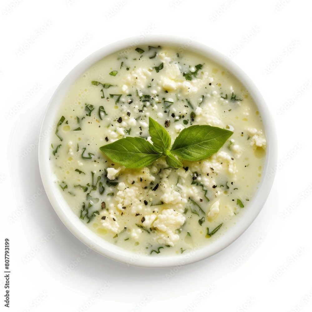 A white bowl overflowing with a blend of creamy cheese and aromatic herbs