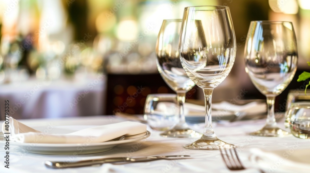 Close-up of a table adorned with elegant wine glasses