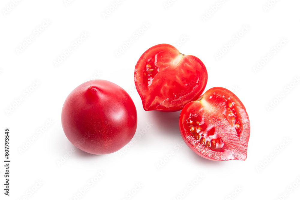 Whole and half of pink tomato isolated on white background.