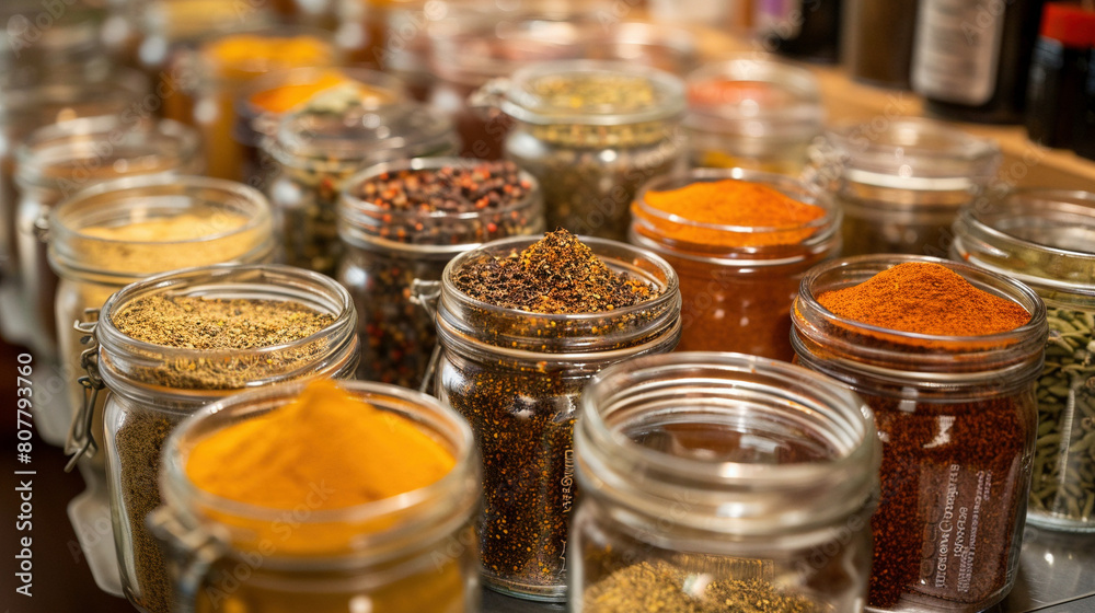 Neatly Arranged Spice Rack with Clearly Labeled Jars