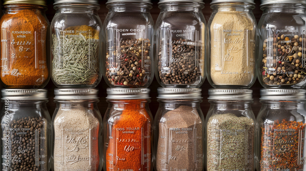 Neatly Arranged Spice Rack with Clearly Labeled Jars Neatly Arranged Spice Rack with Clearly Labeled Jars