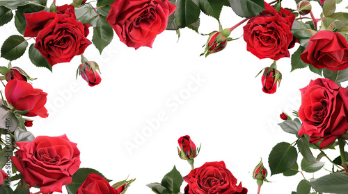 Frame of luxurious red roses in full bloom  with soft petals and green leaves  cut out