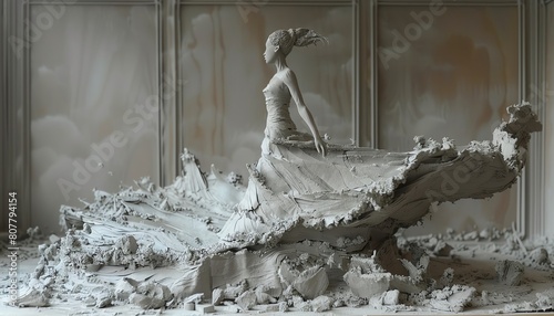 Design a minimalist clay sculpture capturing the essence of a fashion show set amidst a post-apocalyptic landscape Contrast clean lines of the runway with the chaos of nature reclaiming the world photo