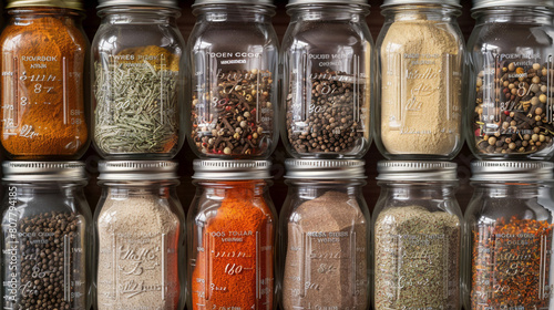 Neatly Arranged Spice Rack with Clearly Labeled Jars photo