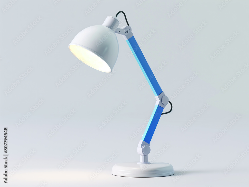 Stylish icon of a table lamp with a blue adjustable leg, ideal for lighting up workspaces at home or in the office. This modern design piece highlights creativity in business Stylish icon of a table lamp with a blue adjustable leg, ideal for lighting up workspaces at home or in the office. This modern design piece highlights creativity in business