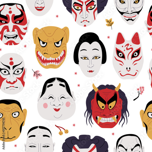 Seamless pattern with Japanese Kabuki theater masks, Asian mythology symbols East legend, authentic face makeup vector