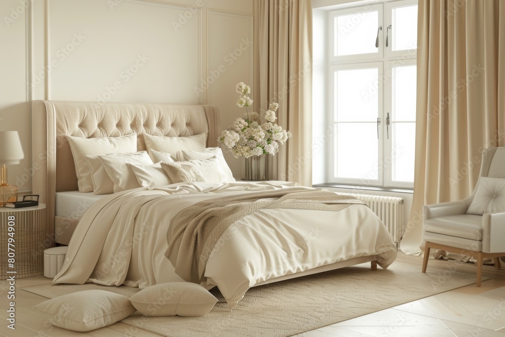 Luxurious Beige Bedroom Interior with King-Size Bed and Elegant Decor Luxurious Beige Bedroom Interior with King-Size Bed and Elegant Decor