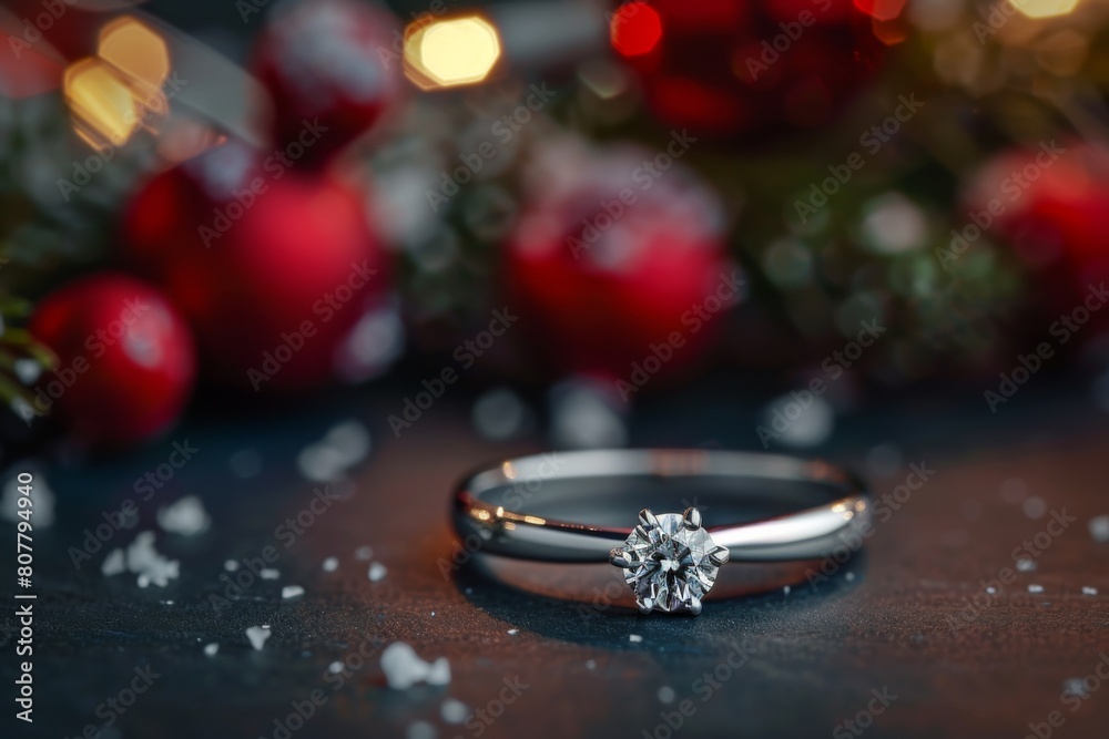 Elegant Solitaire Engagement Ring Amidst Festive Holiday Decor