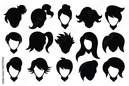Set of Hair Styles black Silhouette Design with white Background and Vector Illustration