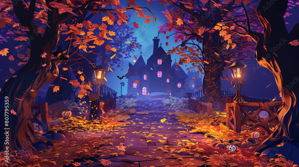 Pathway covered with vibrant autumn leaves, flanked by spooky decorations leading to a haunted house, enhancing the Halloween spirit3D vector illustrations