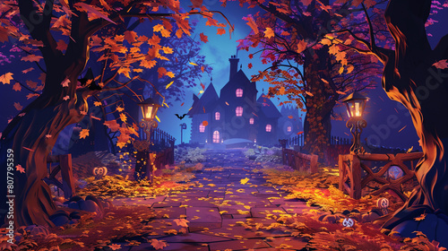 Pathway covered with vibrant autumn leaves  flanked by spooky decorations leading to a haunted house  enhancing the Halloween spirit3D vector illustrations