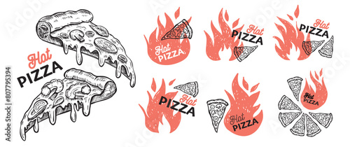 Hot Pizza set, hand drawn illustrations, vector.	
