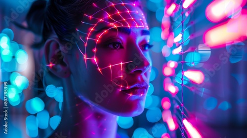 A portrait of a biotech advocate in a futuristic setting  illuminated by neon  with a black light that reveals hidden 3D patterns on their skin  symbolizing the fusion of human and