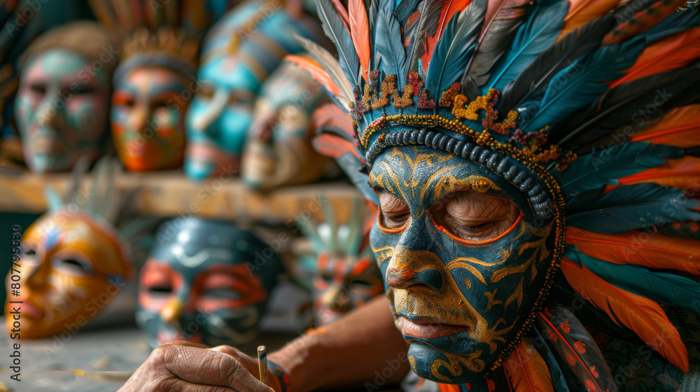 An indigenous man wearing elaborate tribal headdress and face paint, immersed in a traditional ceremony. An indigenous man wearing elaborate tribal headdress and face paint, immersed in a traditional ceremony.