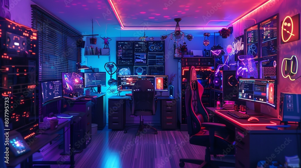 A scene depicting a tech advocate's home office, bathed in neon light under a black light, featuring 3D computer interfaces and dynamic network visualizations on the walls, all in
