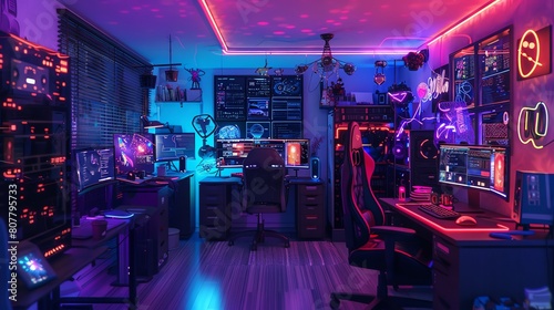 A scene depicting a tech advocate's home office, bathed in neon light under a black light, featuring 3D computer interfaces and dynamic network visualizations on the walls, all in photo